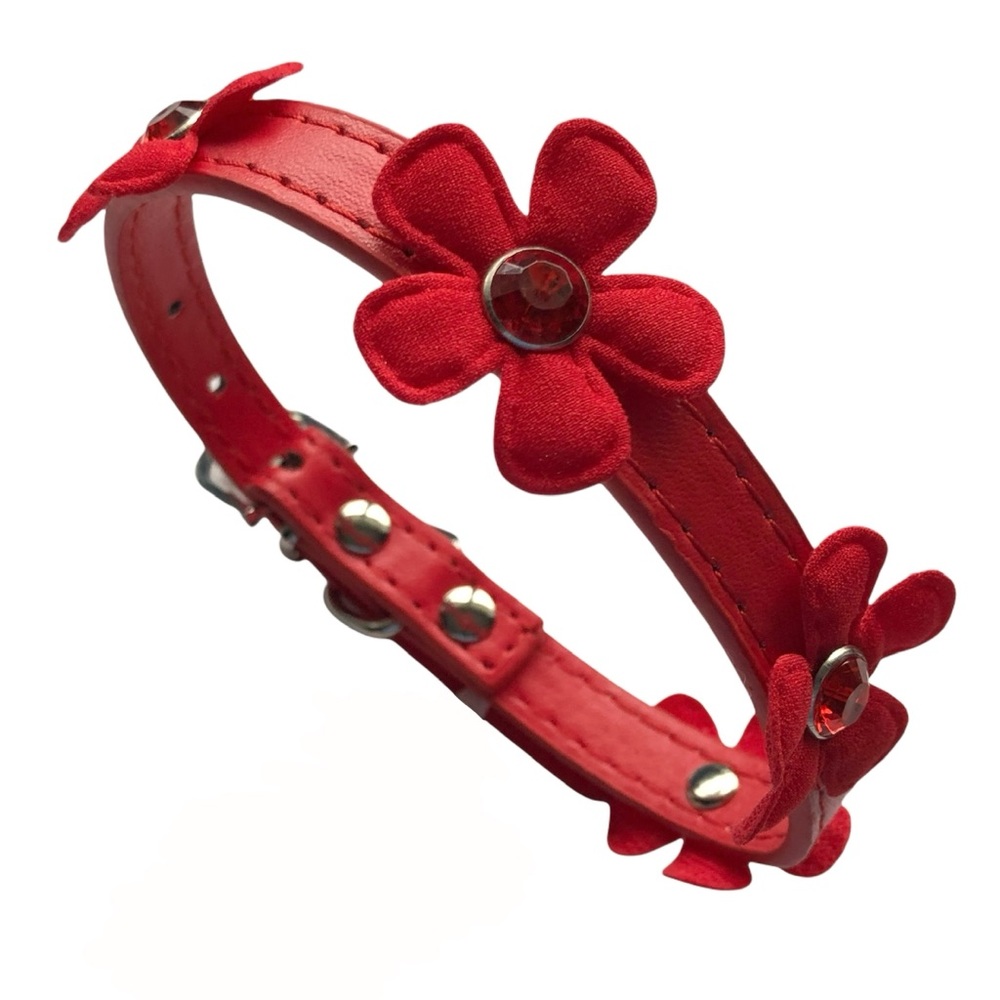 Dog Cat Puppy Collar RED Flower Power Gemstone S/M NEW NWOT